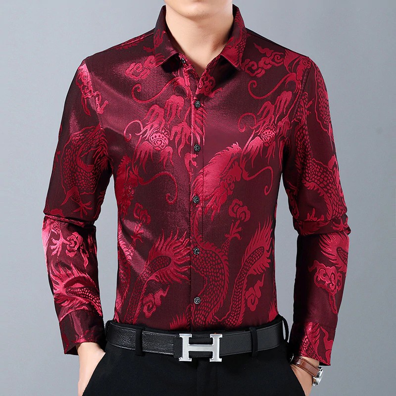 Red Velvet Shirts Mens Brown Dragon Printed Shirts Luxury Man Silver Mens Dress Shopee Indonesia