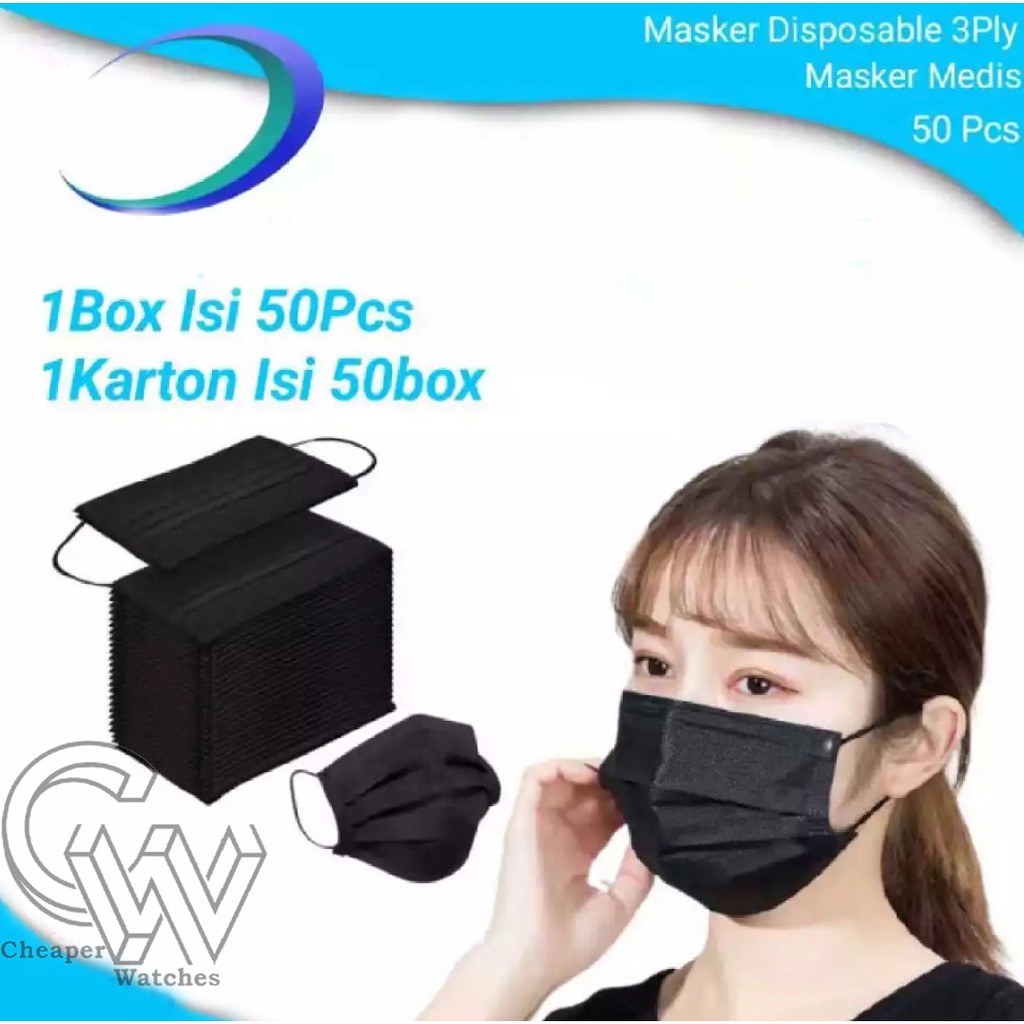 Cheaper-Masker Hitam 3ply Masker Surgical Masker Medis isi 50pcs/1 box FaceMask Disposable Masker Mulut