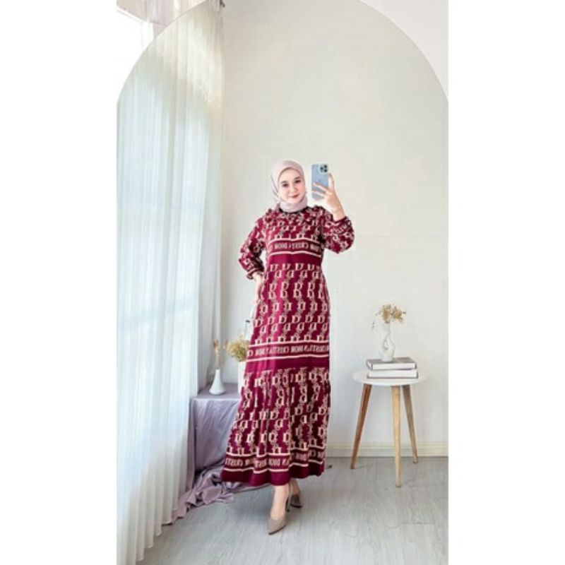 DIOR - Midi Dress Motif Dior Bahan Rayon Premium Terbaru Gamis Andin