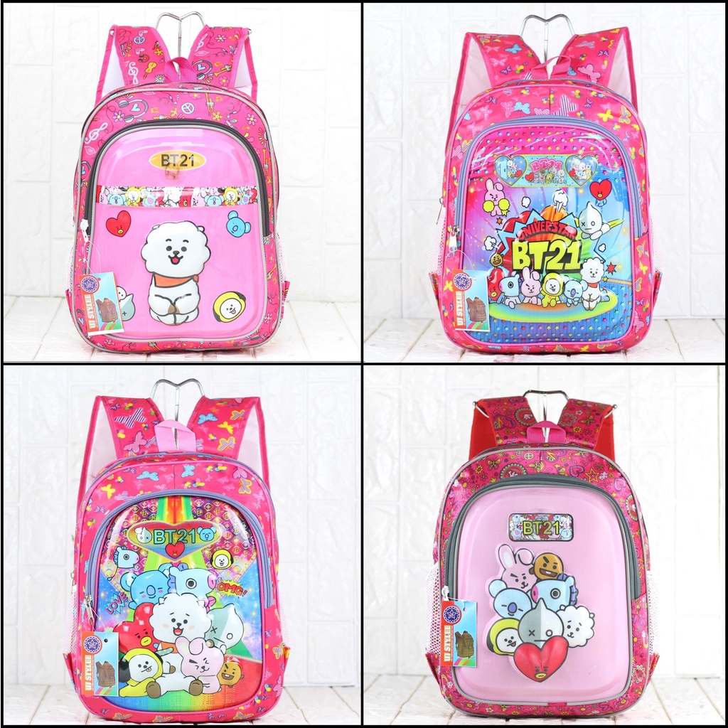Tas Ransel Anak Lampu Motif BT21 Imut Lucu Warna Pink Berkualitas Cocok Untuk Sekolah Anak Perempuan