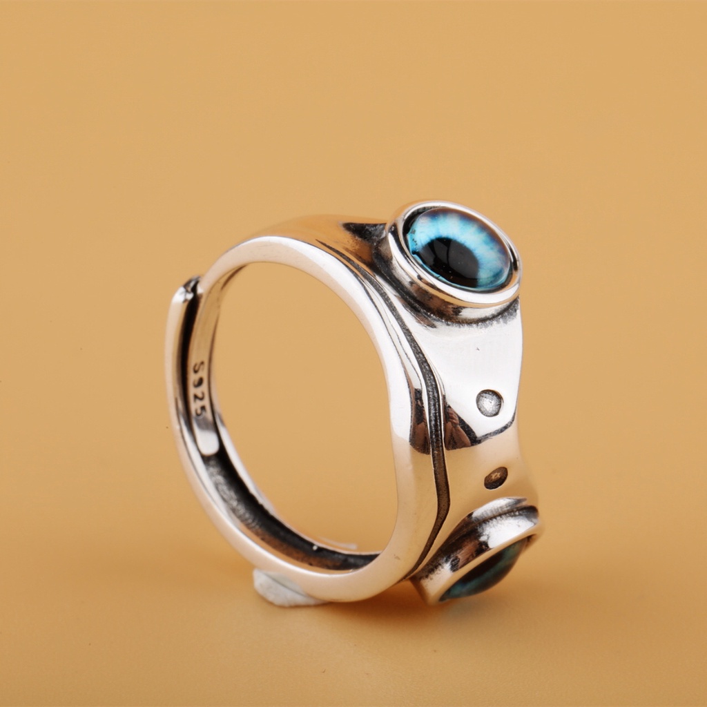 Cincin Model Terbuka Desain Mata Kodok Demon Warna Biru Gaya Hip Hop