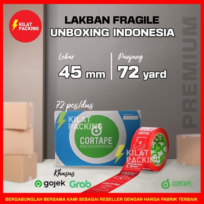 

Lakban Fragile Unboxing Indonesia - 45 mm x 72 yard Per Dus GOJEK/GRAB