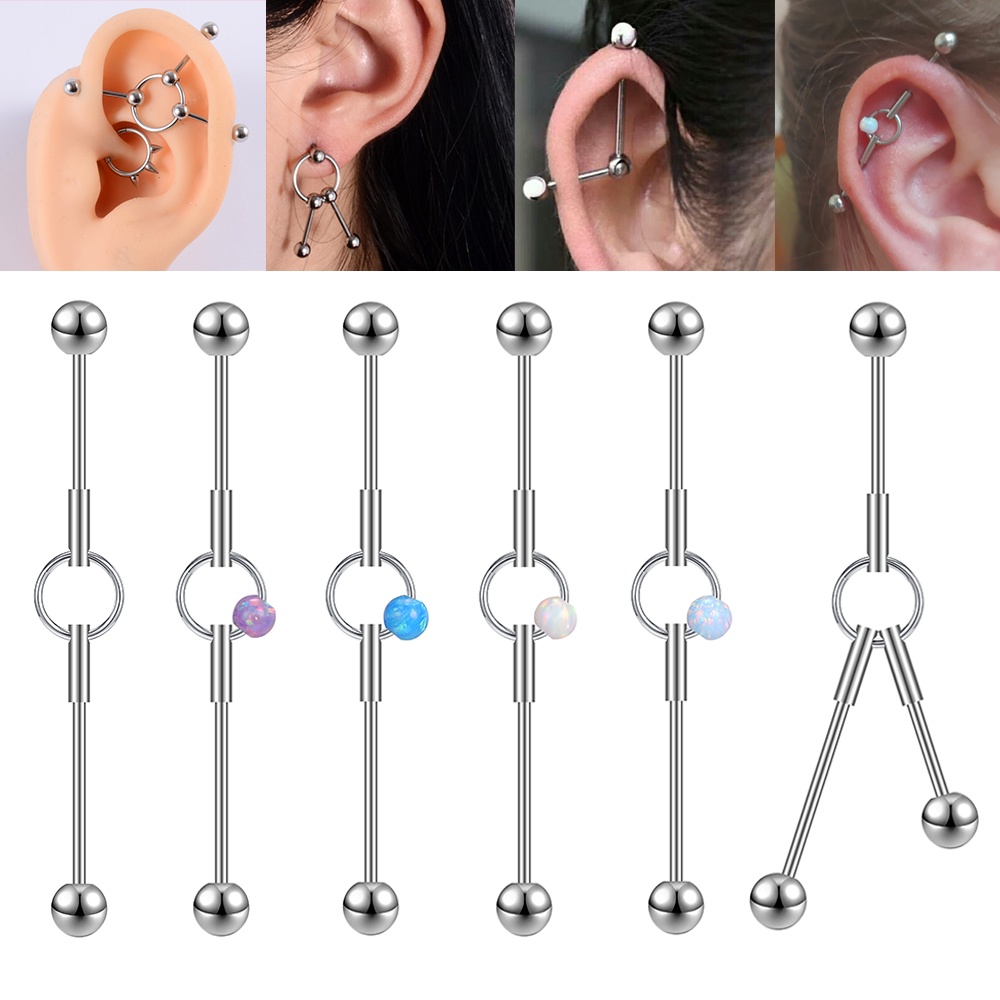 1pc Anting Tindik Badan Bentuk Barbell Bahan Stainless Steel 16g Hias Opal