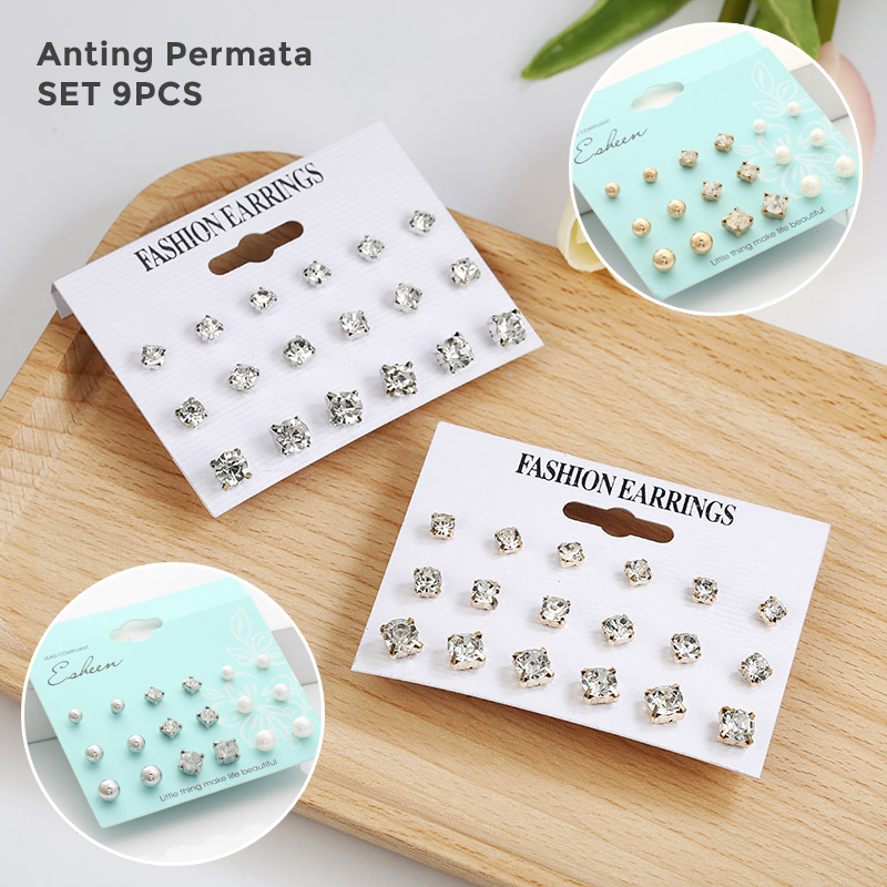 Anting Permata SET 9PCS Gaya Korea Bentuk Simple  Mutiara untuk Wanita