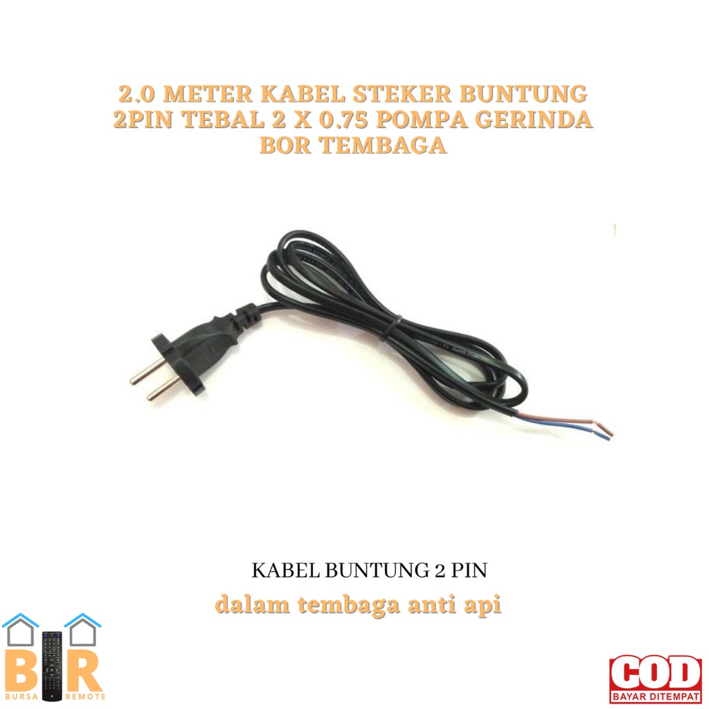 Kabel Steker Buntung 2PIN TEBAL 2 X 0.75 Pompa Gerinda Bor Tembaga anti api isi tembaga