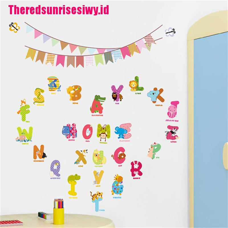 Stiker Dinding Decal Desain Kartun Binatang Alfabet, Dapat Dicopot
