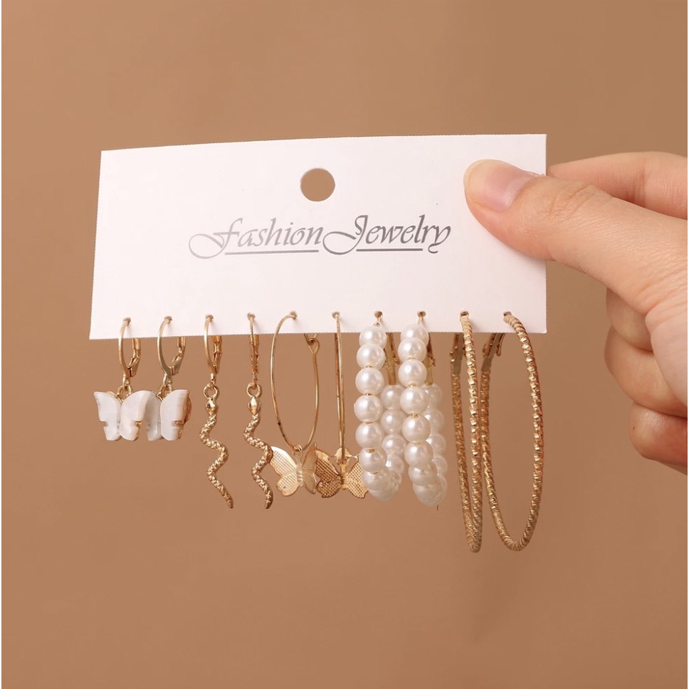 Anting Set Tusuk 6 Pasang Kupu Hoop Mutiara Ular Mini Dalika