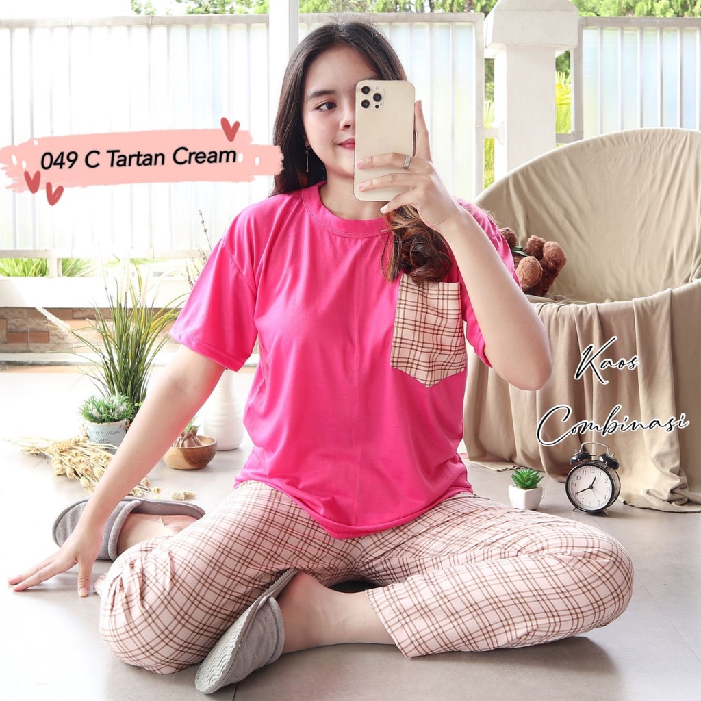 IZANY Piyama Dewasa CP Oblong Kaos Celana Panjang Rayon Fit to XL-049 TARTAN CREAM