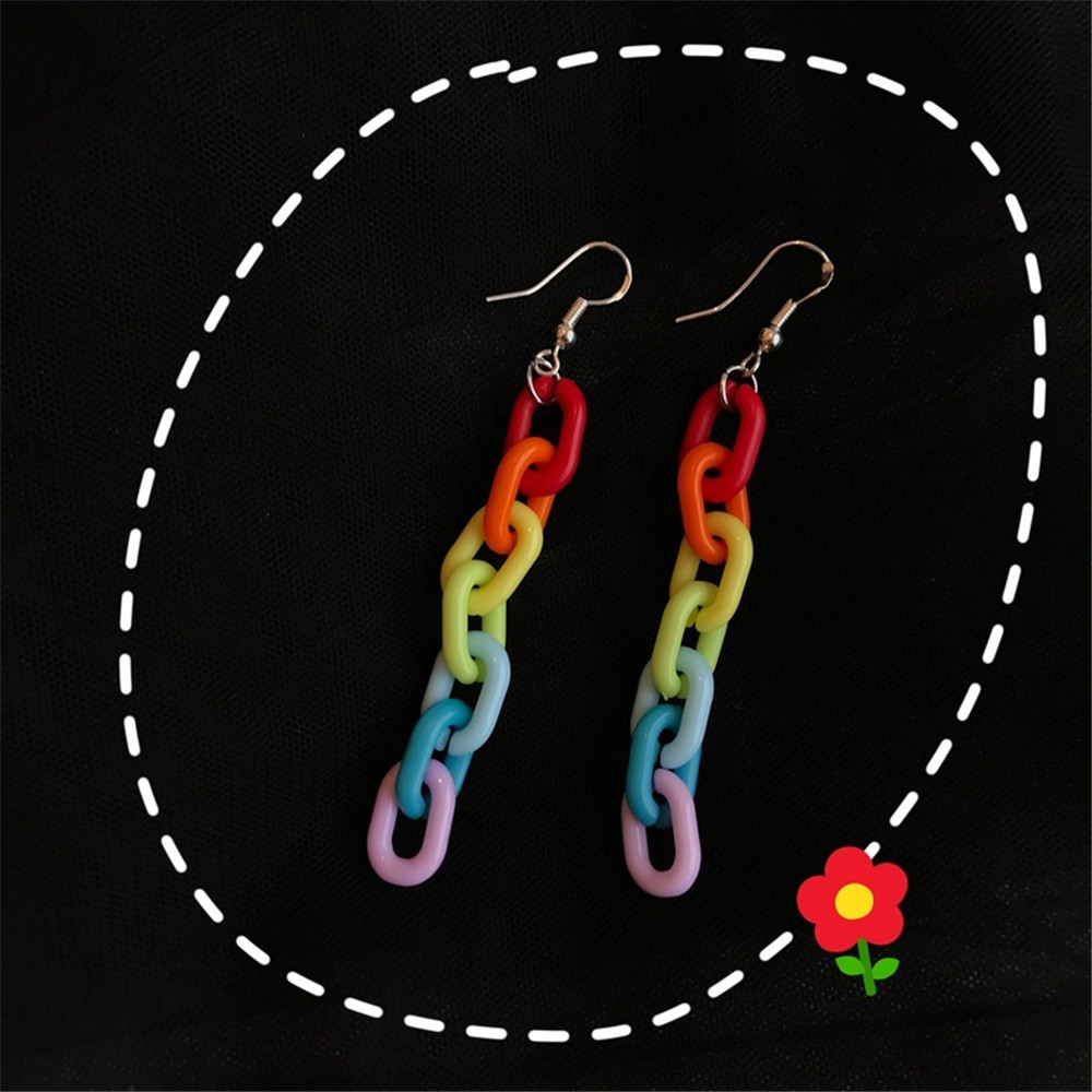 【COD Tangding】Anting Rantai Bahan Plastik Akrilik Warna Pelangi