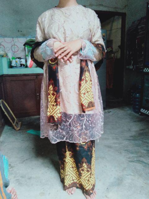 Zola_batik Batik Coupel Brokat Tile Selendang Alika Brown Azzura High Quality