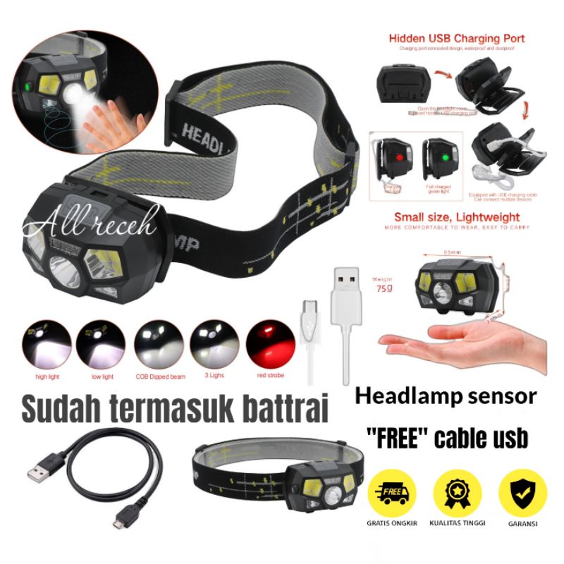 senter kepala LED/Headlamp Flashlight Rechargeable USB + Motion Sensor XPE+COB 10000 Lumens-Black/senter