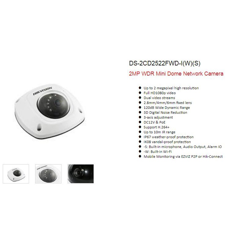Hikvision CCTV Pro IP Cam DS-2CD2522FWD-I IR Mini Dome 2MP