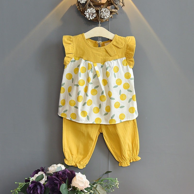 Promo !! Setelan baju anak cewek / Setelan orange yellow fruit import ukuran 1-4tahun (ungu,kuning)