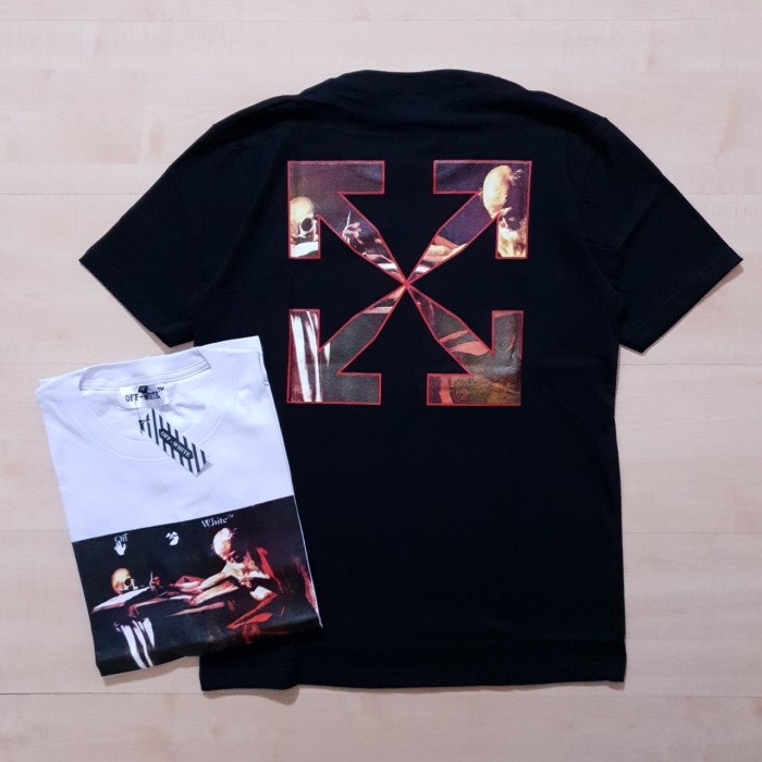 KAOS T SHIRT OFF WHITE GRAPHIC CARAVAGGIO ARROW BLACK AND WHITE - M, Hitam