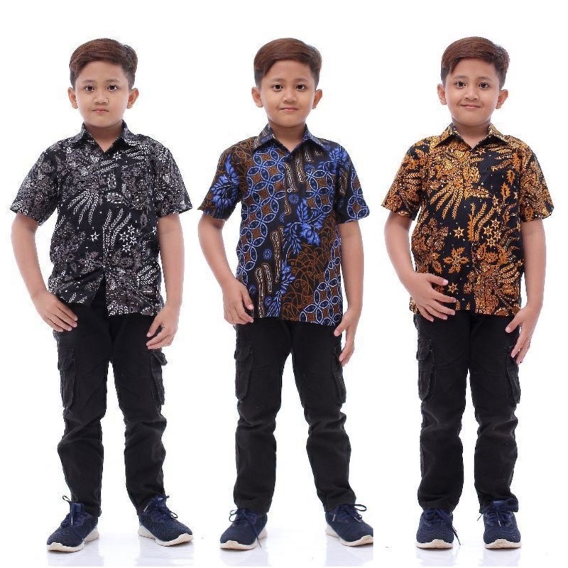 Kemeja Batik Anak Pendek Motif Kobes Abu Usia 1-12 Tahun