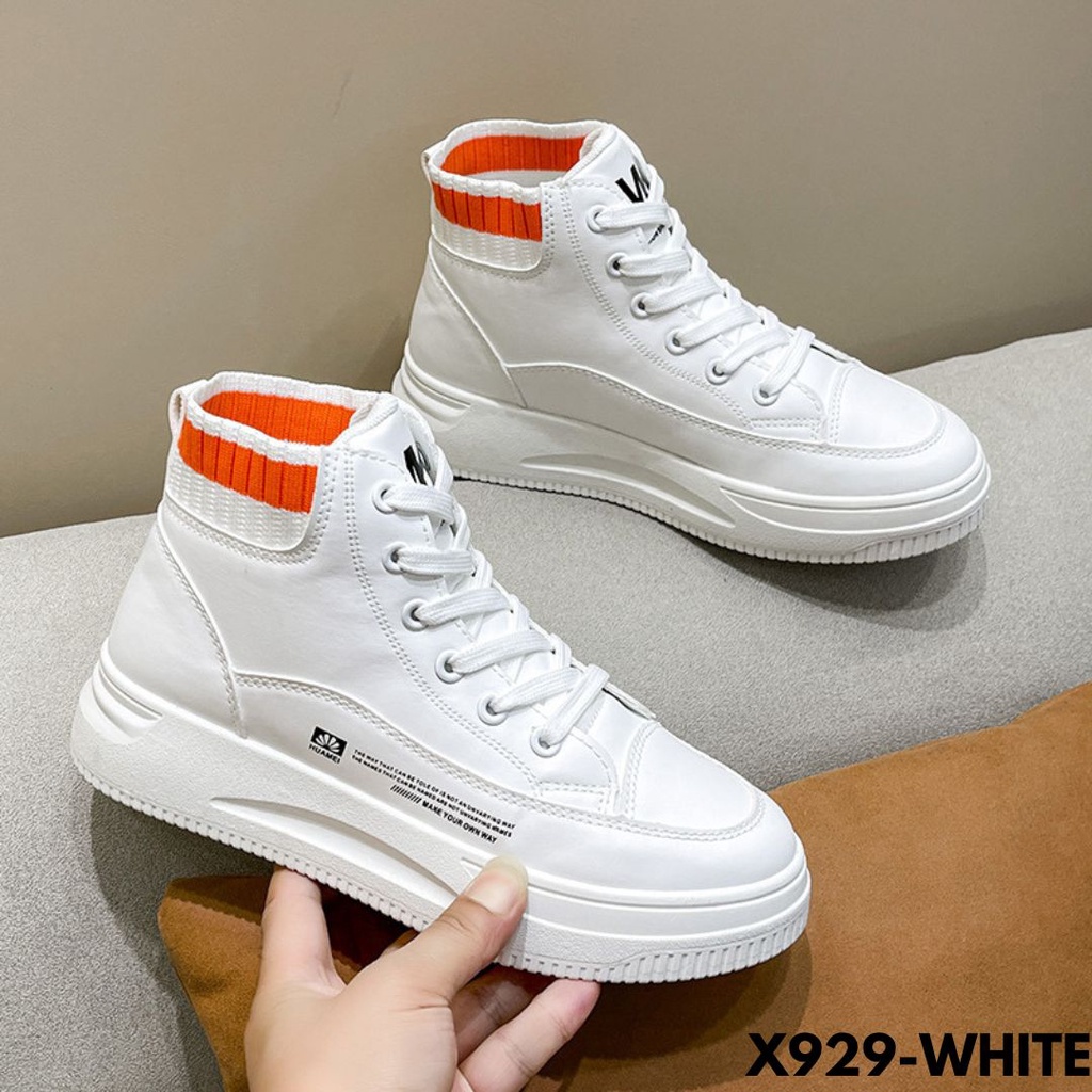 SEPATU SNEAKERS WANITA DESAIN HIGHCUT BLACK WHITE KEKINIAN SOLE TINGGI BAHAN PU IMPORT 929