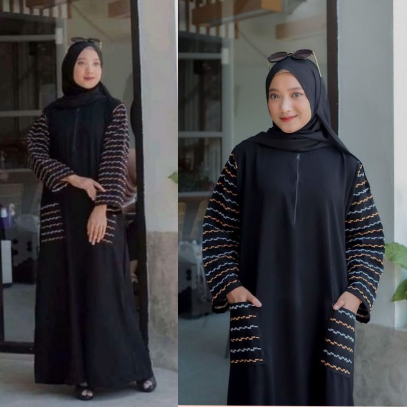 Gallery Exclusive Abaya Hitam Gamis Bordir Turkey Zigzag Kantong Busui