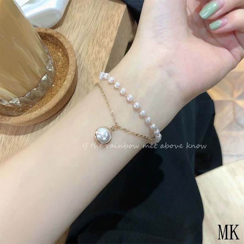 Fashion Korea Wanita Temperamen Manis Gelang Aksesoris Perhiasan Gelang Mutiara Ganda Sederhana MK-1