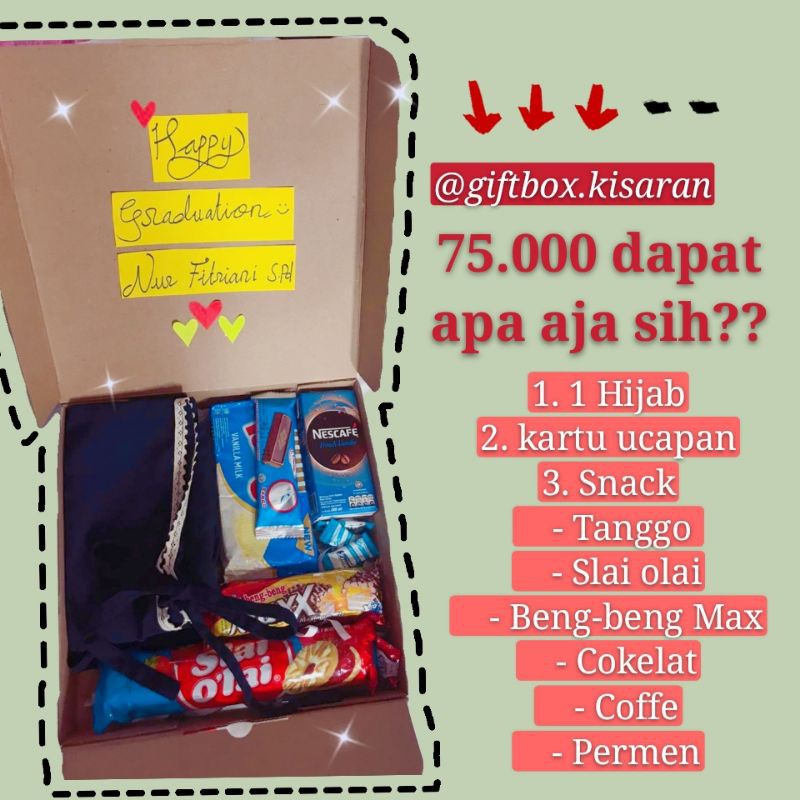 

Hijab+Snackbox, Birthday, Anniversary, Wisuda. (bergo renda non pet).