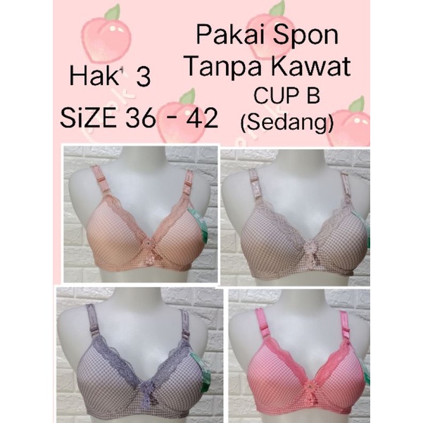 BH hak 3 (361/1118) CUP B (Sedang) Pakai Spon Tanpa Kawat SiZE 36-42 BRA Wanita Dewasa Remaja Pakaian Dalam Wanita / Under Wear