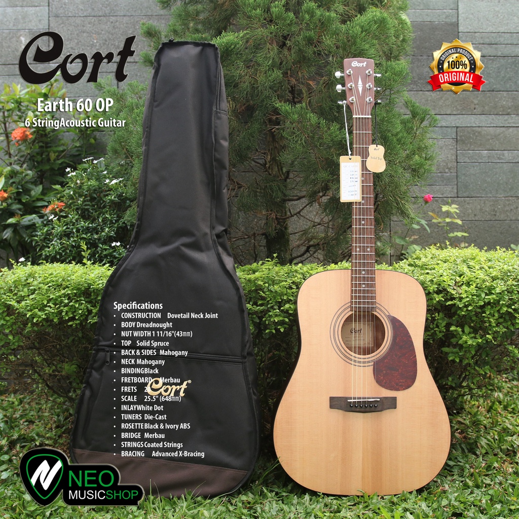 Cort Earth60 OP 6 String Acoustic Guitar Solid Spruce Top with Bag