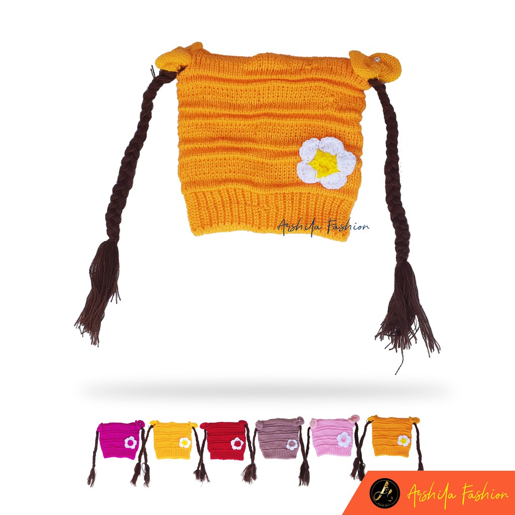 Topi Kupluk Rambut Kepang Motif Bunga / Baby Hat Wig / Topi Bayi Rambut-Kuning Mustard