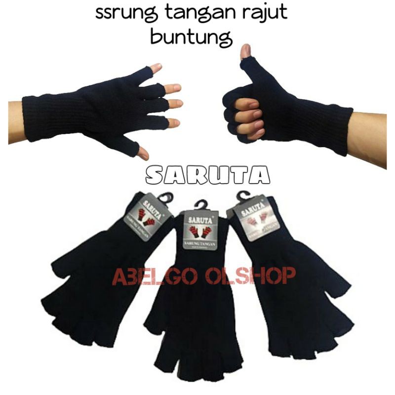 sarung tangan rajut hitam buntung merek SARUTA gress/sarung tangan hitam buntung/sarung tangan motor