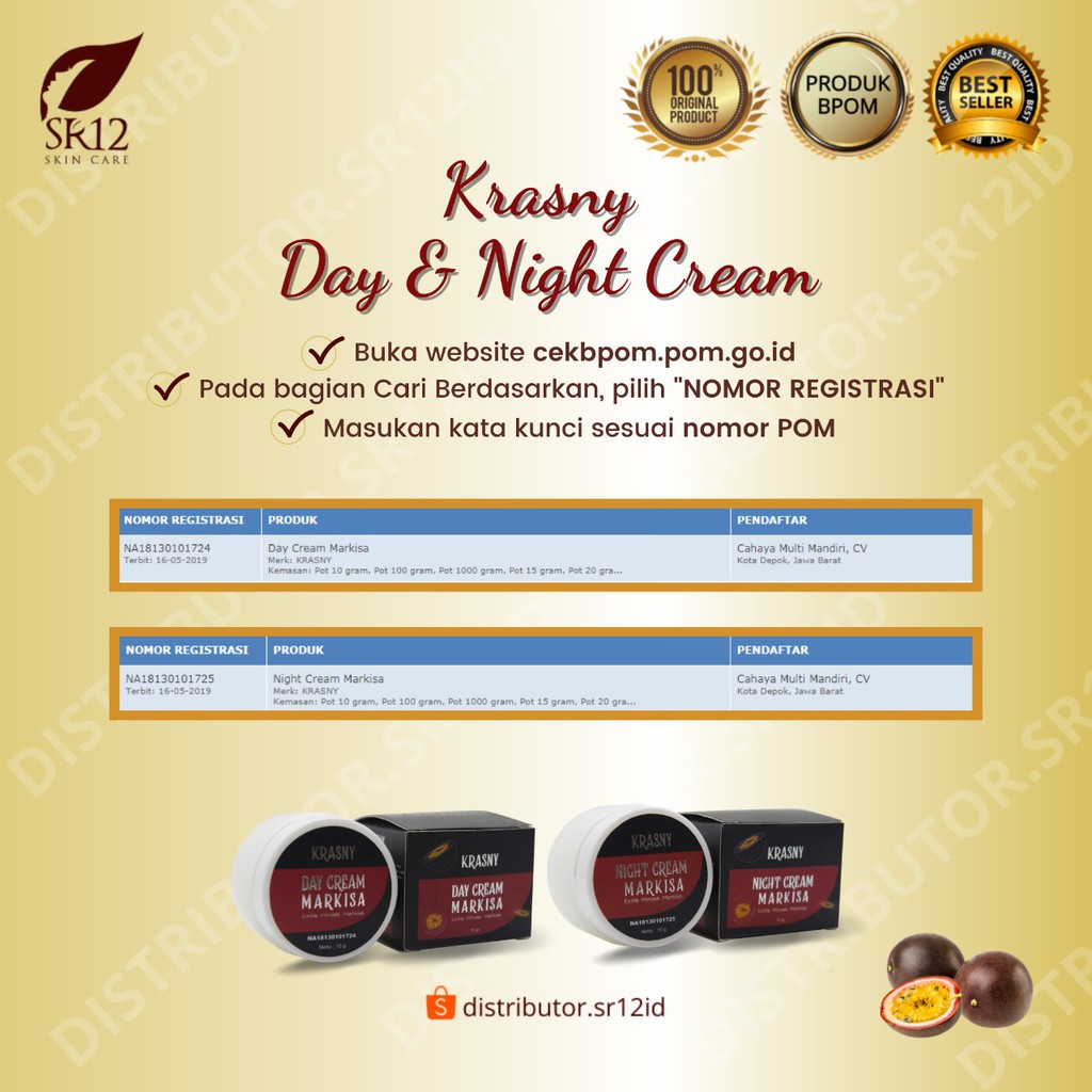 Krasny Day &amp; Night Cream SR12 Cream Wajah BPOM Kulit Kering Kusam Cream Pencerah Herbal