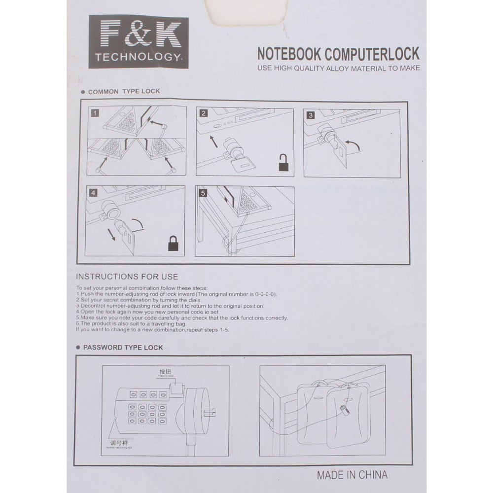 F&amp;K Kunci Pengaman Laptop Code Number Security Lock - 18458 - Silver