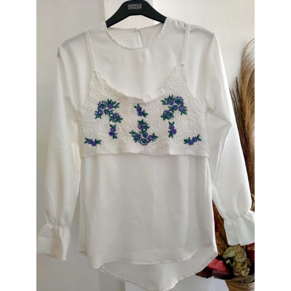 set kemeja rompi rajut set blouse vest 2in1