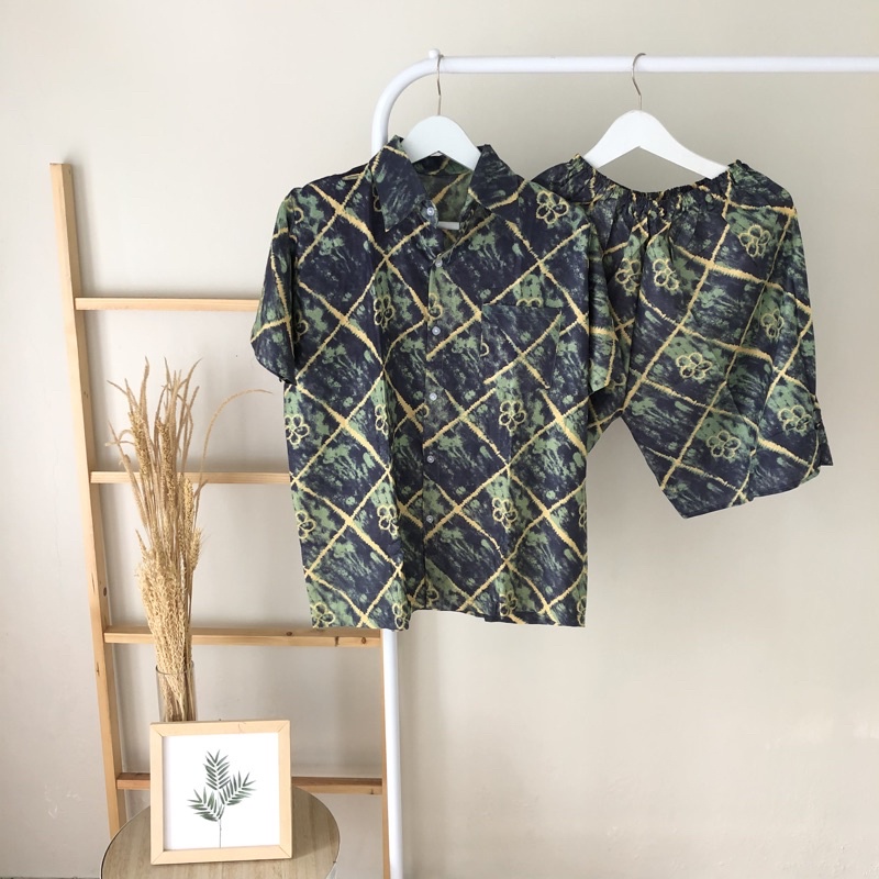 hirafa - One Set Setelan Atas Bawah Full Kancing / Baju Santai Tie Dye / Baju Wanita Pria-Persegi - Pine