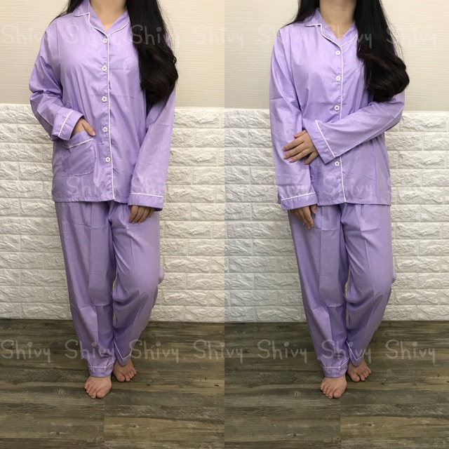 READY STOCK PIYAMA WANITA SATIN PP EMBOSS LILAC CANTIK LENGAN PANJANG