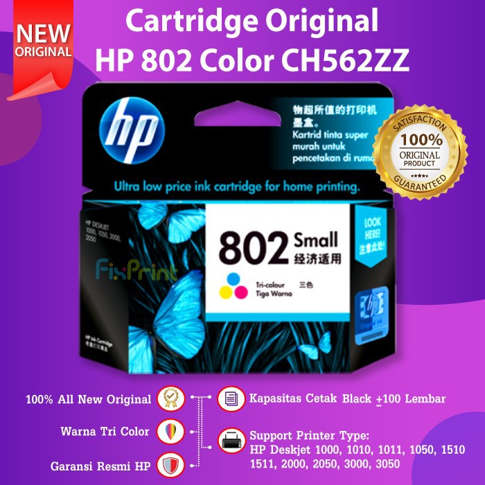 SET Cartridge HP 802 Black Color Tinta Printer Deskjet 2050 3050 1010