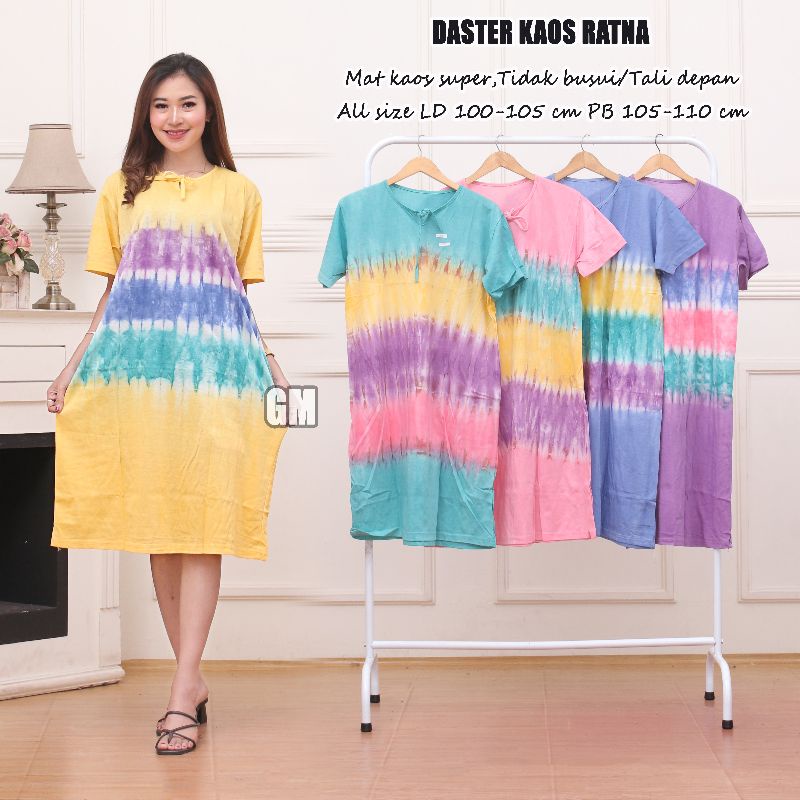 Daster kaos pelangi tye dye kain tebel adem