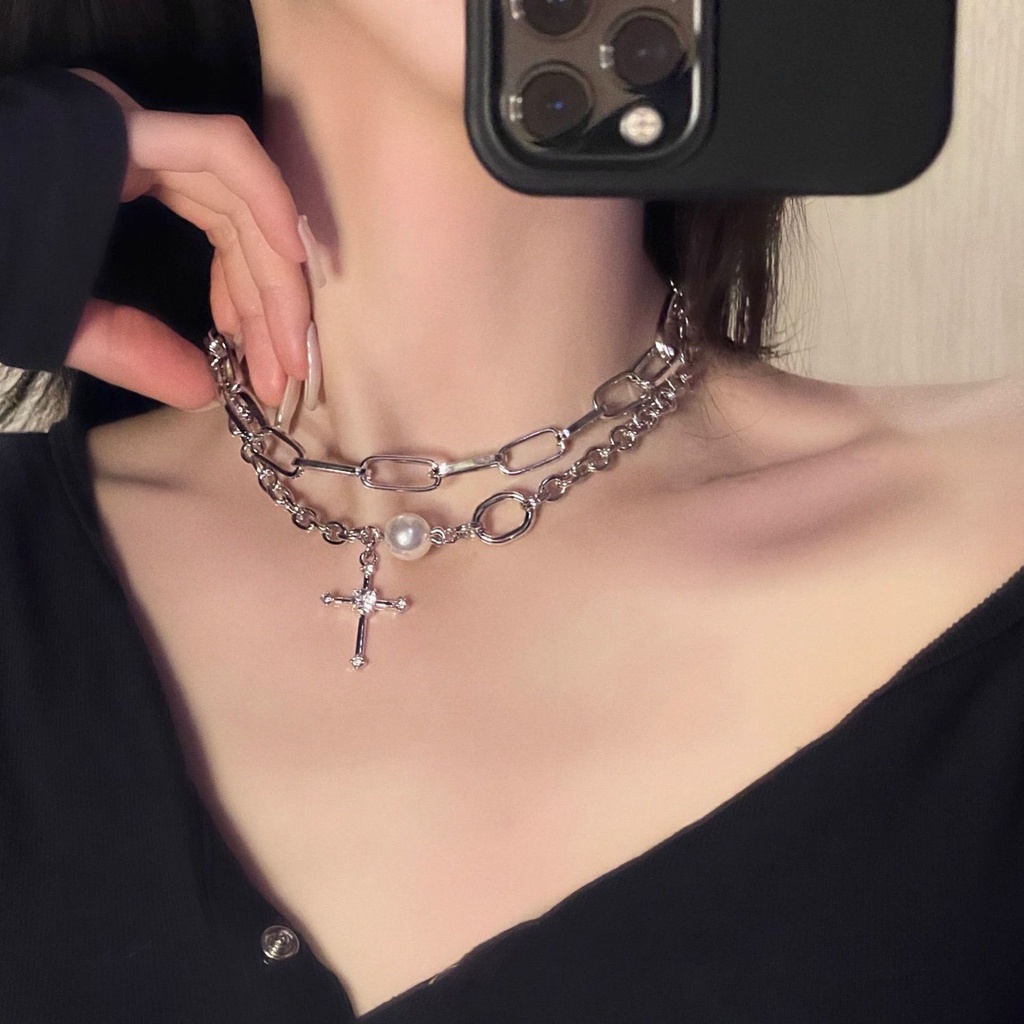 IFYOU Kalung Rantai Choker Desain Kupu-Kupu Hati Aksen Mutiara Warna Silver Gaya Korea Untuk Wanita