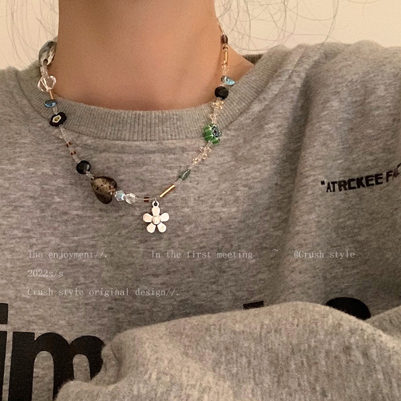 Kalung Manik-Manik Kristal Bentuk Hati Dan Bunga Warna Silver Gaya Punk