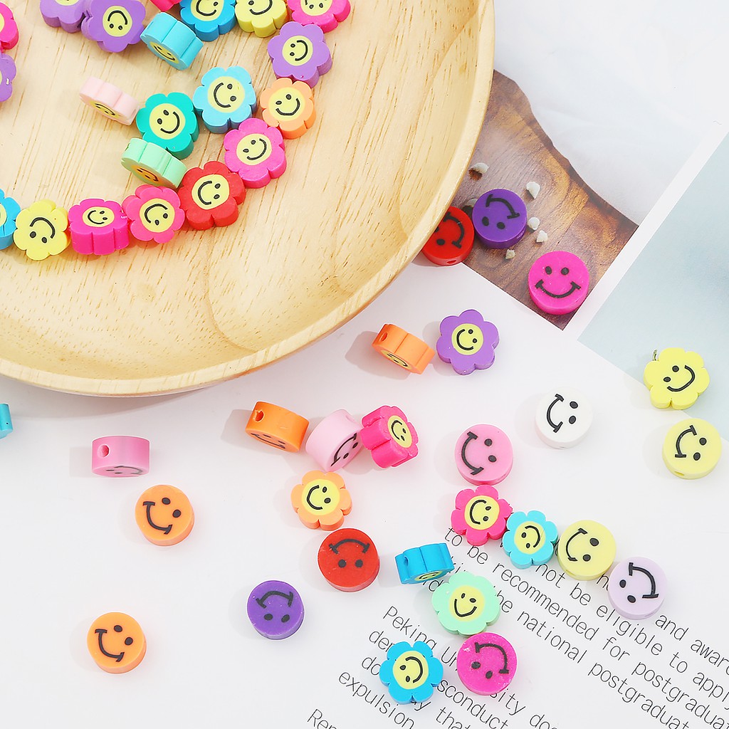 10pcs Manik-Manik Bahan Polymer Clay Desain Wajah Tersenyum Ukuran 10mm Gaya Boho Untuk Membuat Perhiasan