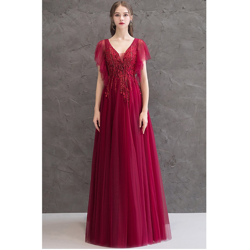 Gaun Pesta 2103035 Merah Maroon V Neck Lengan Pendek Party Gown Dress