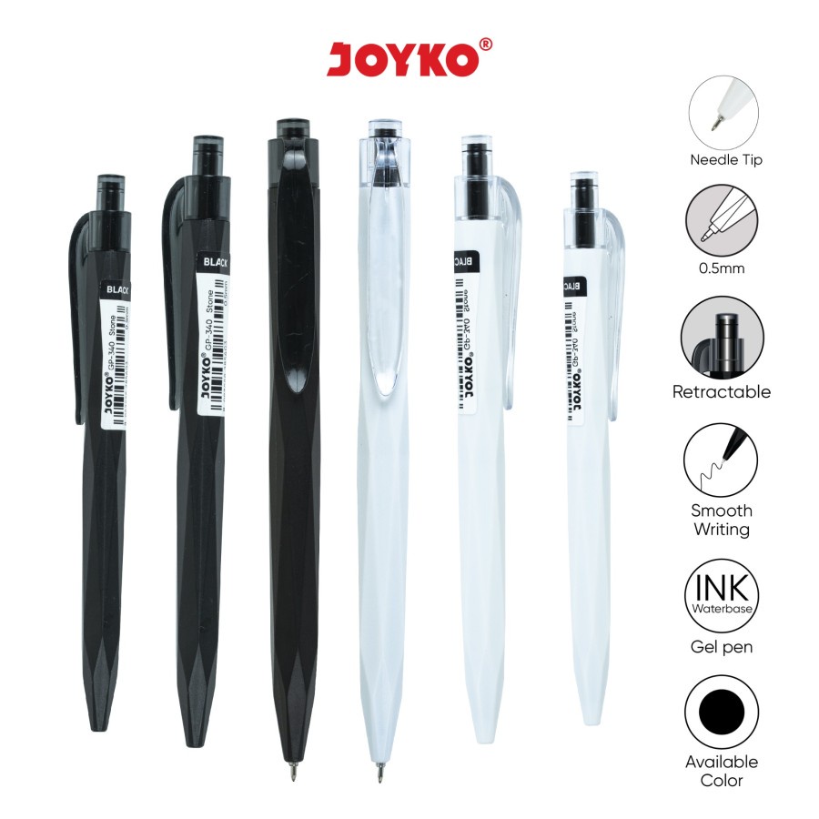 

GEL PEN JOYKO STONE GP-340 | 0,5mm | NEEDLE TIP | PENA JEL RETRACTABLE WARNA HITAM | ECER