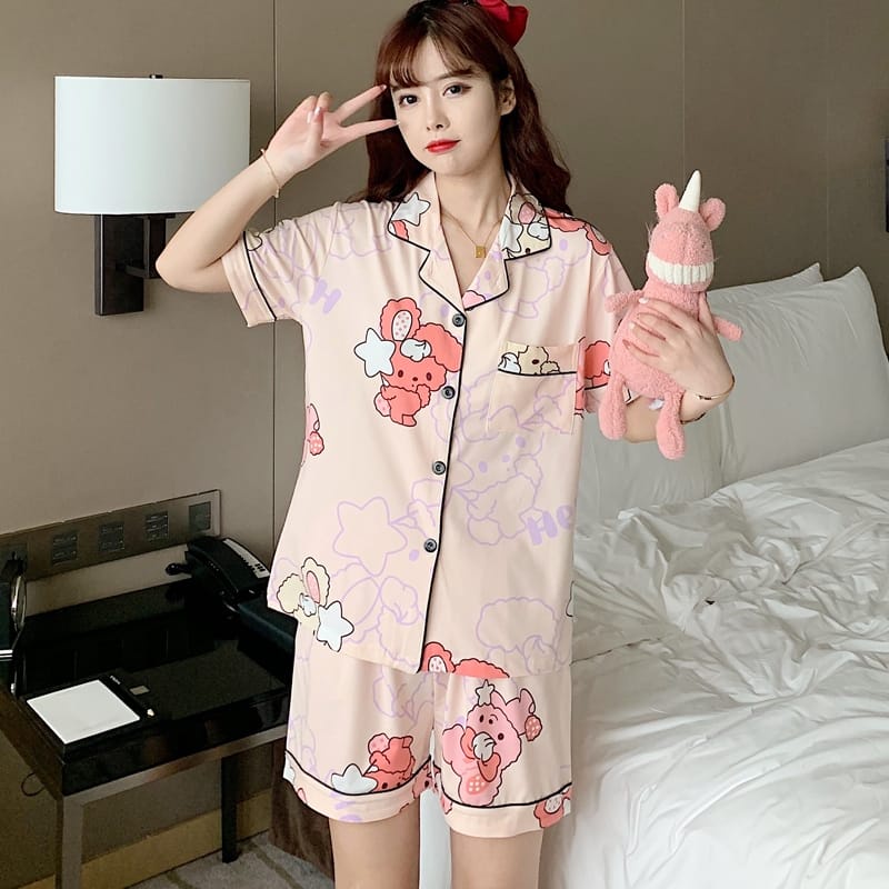 【 Bra Mall 】BM-319 Set Baju Tidur Wanita Dewasa Celana Pendek Piyama Model Kemeja HP Import Korea Motif Kekinian