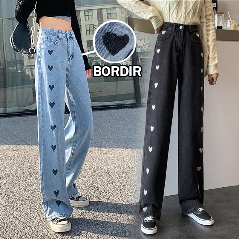yikoo-Celana jeans bordir cinta high waist wanita panjang longgar boyfriend pants