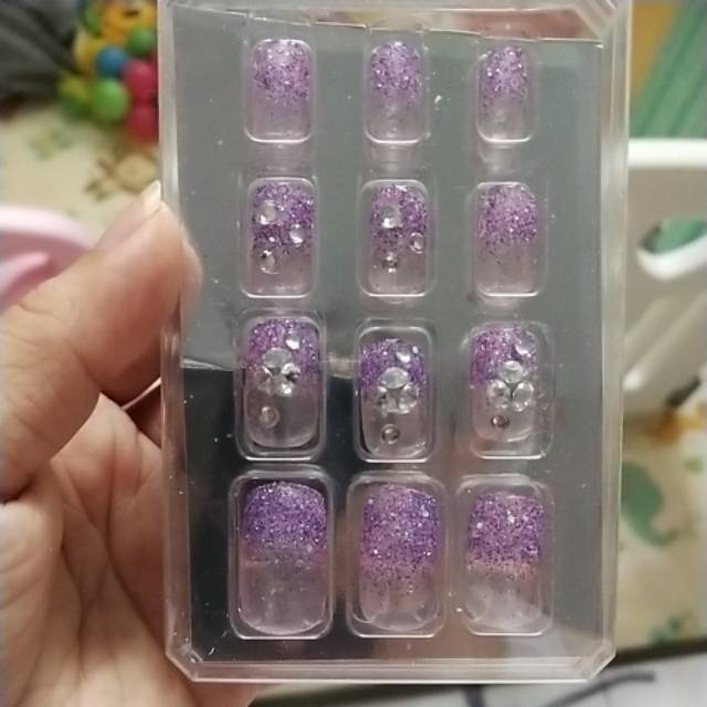 Kuku Palsu 3D / Wedding Fake Nail violet rhinestone fallse Nail