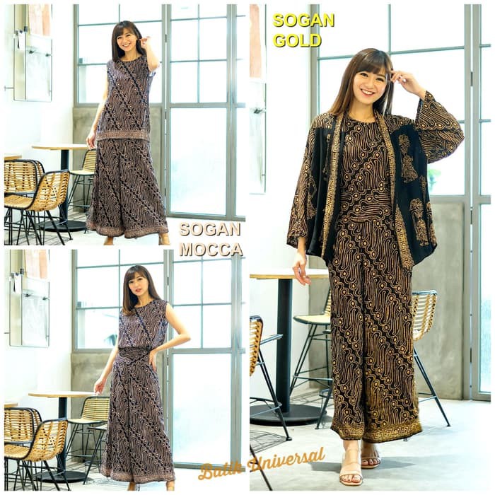 Dijual Setelan 3pc Batik Wanita Tank Top Cardigan dan Kulot Parang Wayang - SET GOLD Diskon