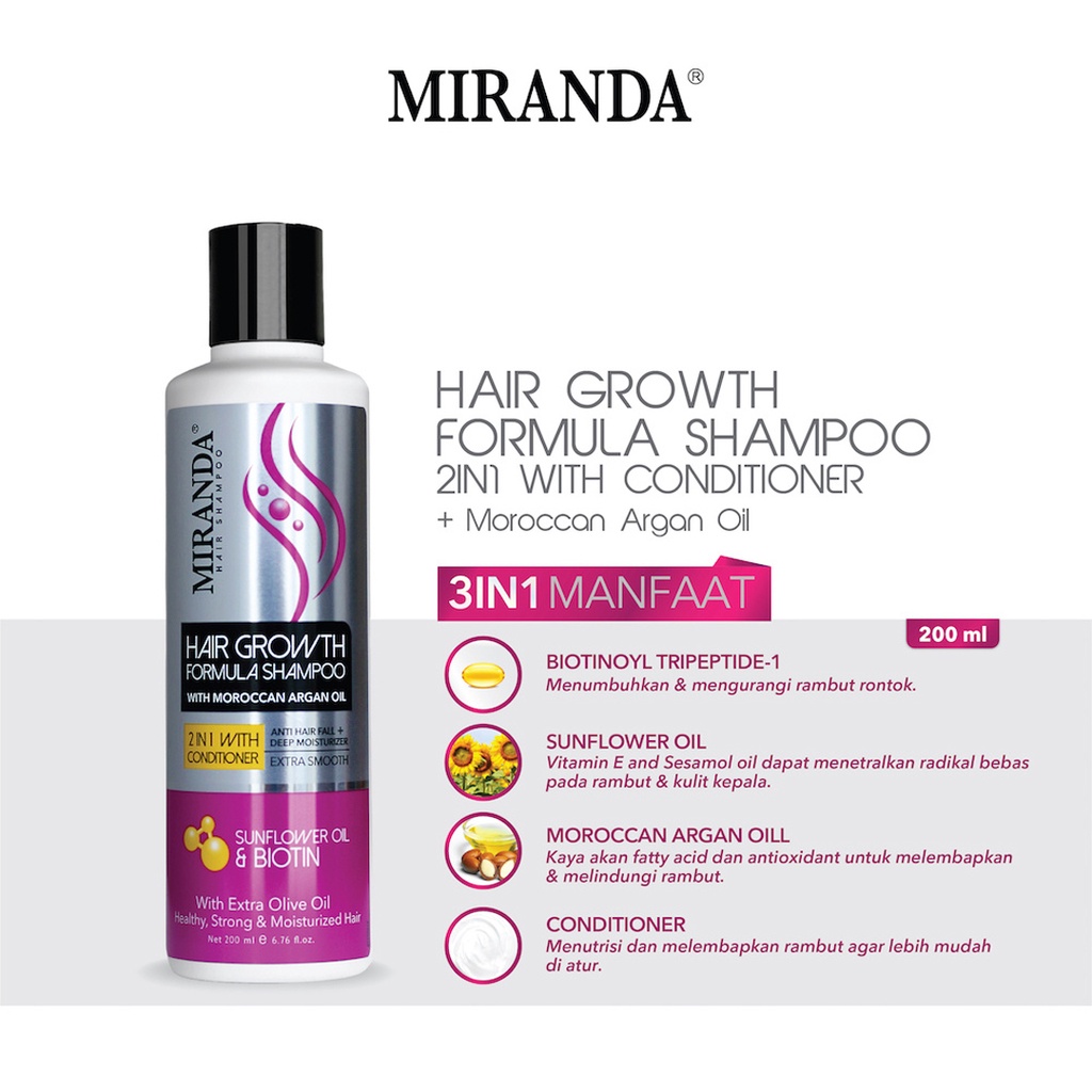 MIRANDA Hair Growth Shampoo (Perawatan Rambut Rontok) Sunflower Oil & Biotin 2in1+Conditioner 200ml