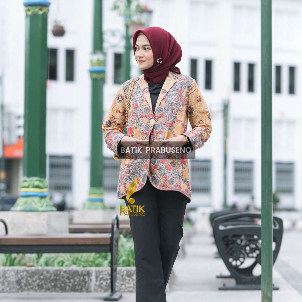 Blazer Motif Nadhira Atasan Baju Batik Wanita Lengan Panjang Prabuseno Modern Premium Jumbo Big Size Full Furing Pakaian Formal Kerja Kantor Kantoran Dewasa Hijab Casual Elegan Etnik Eksklusif Kekinian Jakarta Solo Busui