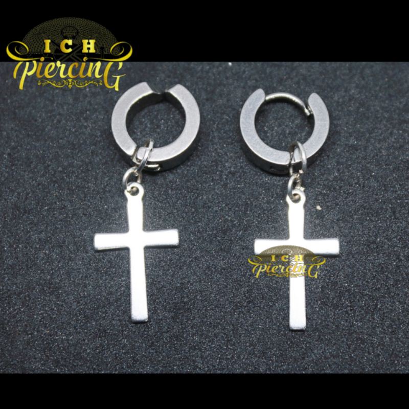 anting tindik dan jepit model Salib besar / anting tindik dan jepit warna silver titanium / ICH PIERCING