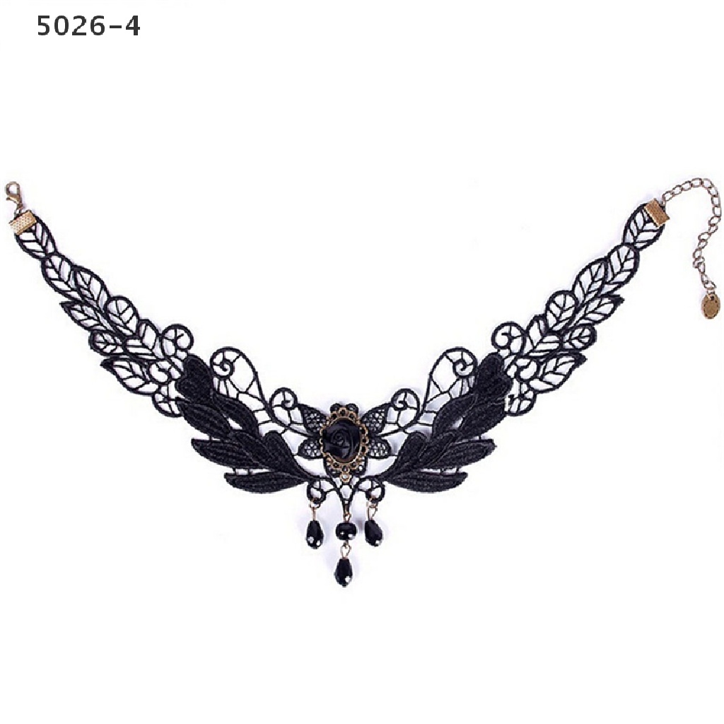 5026-4 Kalung Choker Lolita Bahan Lace Dengan Liontin Bunga Mawar Hitam Untuk Wanita