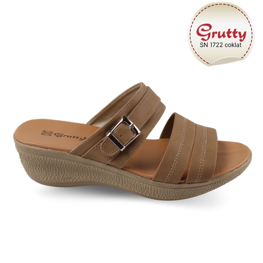 Sendal Wedges Wanita Sandal Slop Wedges Terbaru Grutty SN1722 Coklat