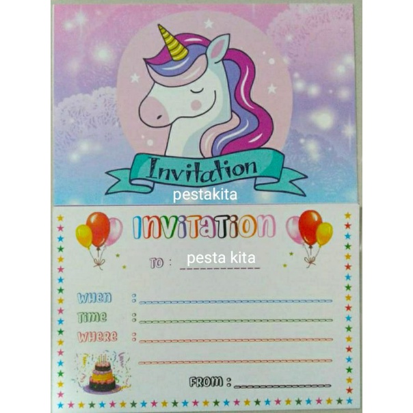 KARTU UNDANGAN 2 SISI KARAKTER UNICORN PINK UNGU 1 PACK + PLASTIK