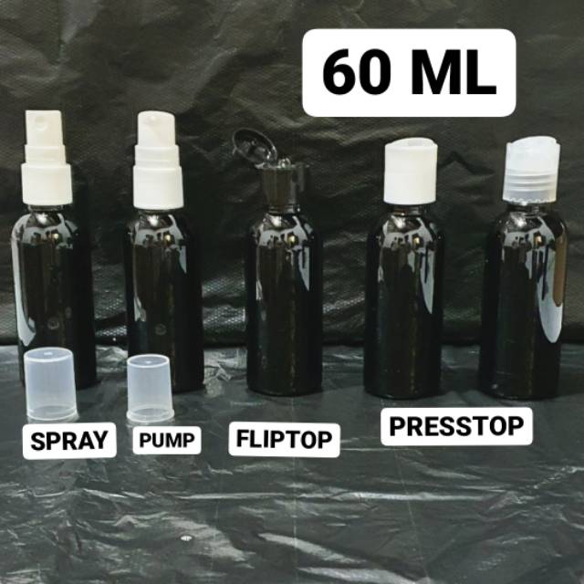 Botol 60ml Hitam + Tutup Fliptop Presstop Presson Flipon Spray Sprey Pump Threatment